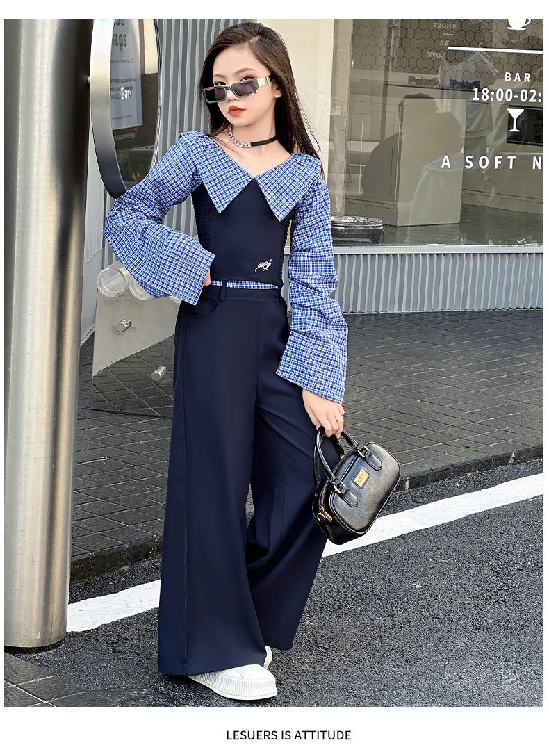 French design teen girls clothes set Off Shoulder splicing grid tops+wide leg pants 2pcs junior kids fashion suit child outfits