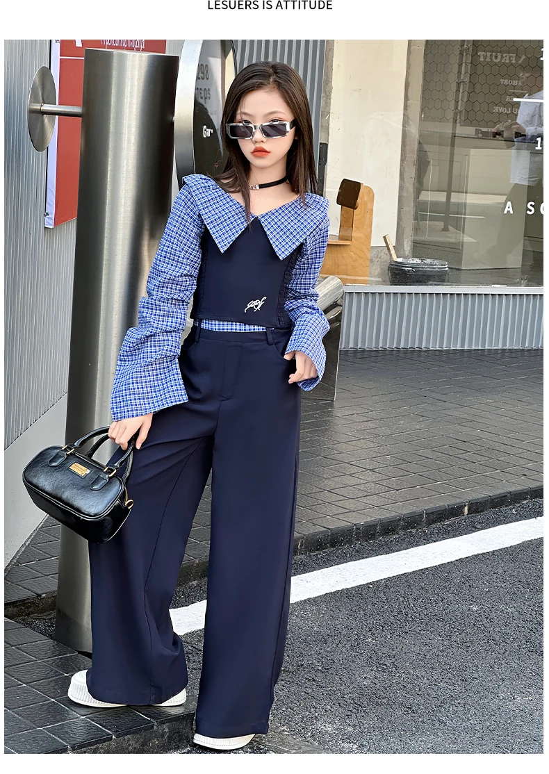 French design teen girls clothes set Off Shoulder splicing grid tops+wide leg pants 2pcs junior kids fashion suit child outfits