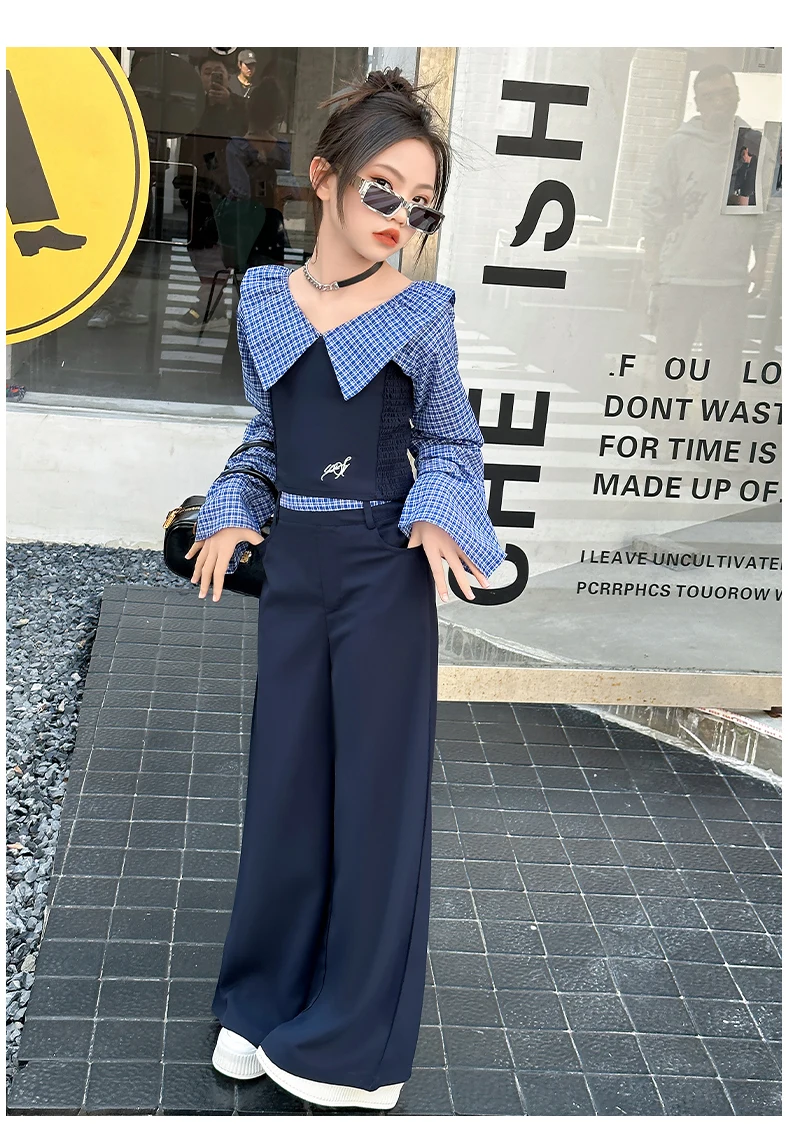 French design teen girls clothes set Off Shoulder splicing grid tops+wide leg pants 2pcs junior kids fashion suit child outfits