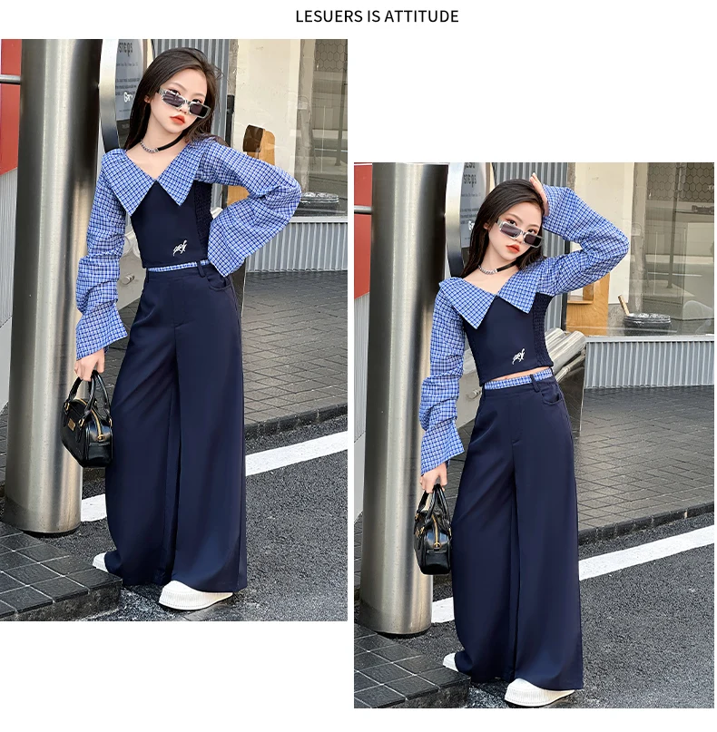 French design teen girls clothes set Off Shoulder splicing grid tops+wide leg pants 2pcs junior kids fashion suit child outfits