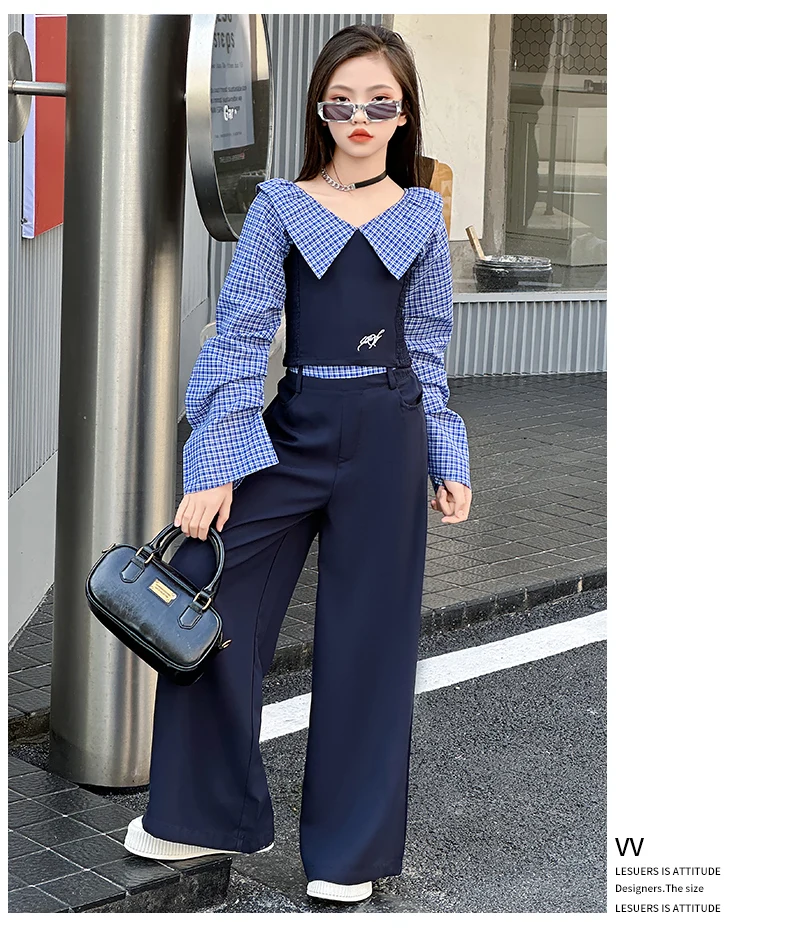 French design teen girls clothes set Off Shoulder splicing grid tops+wide leg pants 2pcs junior kids fashion suit child outfits