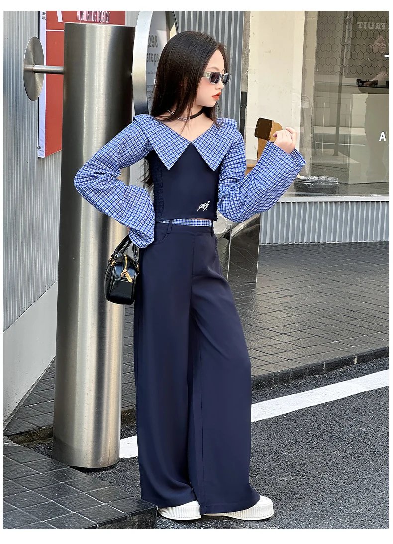 French design teen girls clothes set Off Shoulder splicing grid tops+wide leg pants 2pcs junior kids fashion suit child outfits