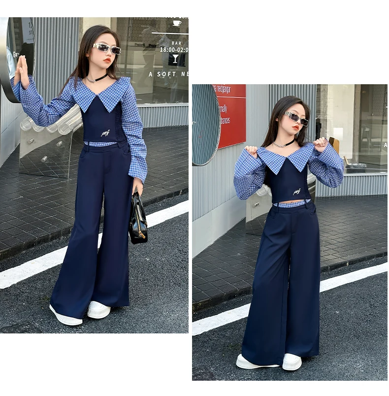 French design teen girls clothes set Off Shoulder splicing grid tops+wide leg pants 2pcs junior kids fashion suit child outfits