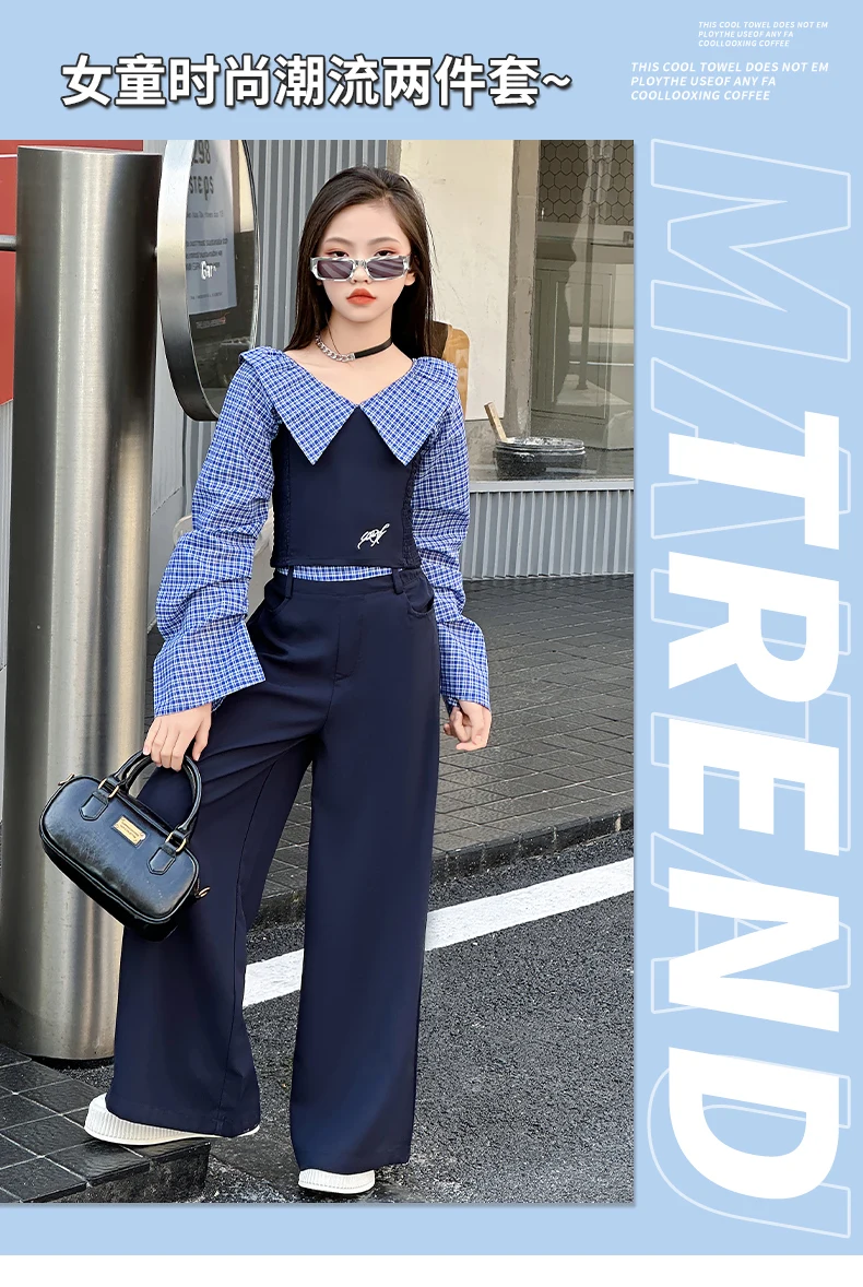 French design teen girls clothes set Off Shoulder splicing grid tops+wide leg pants 2pcs junior kids fashion suit child outfits