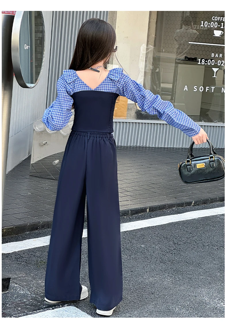 French design teen girls clothes set Off Shoulder splicing grid tops+wide leg pants 2pcs junior kids fashion suit child outfits