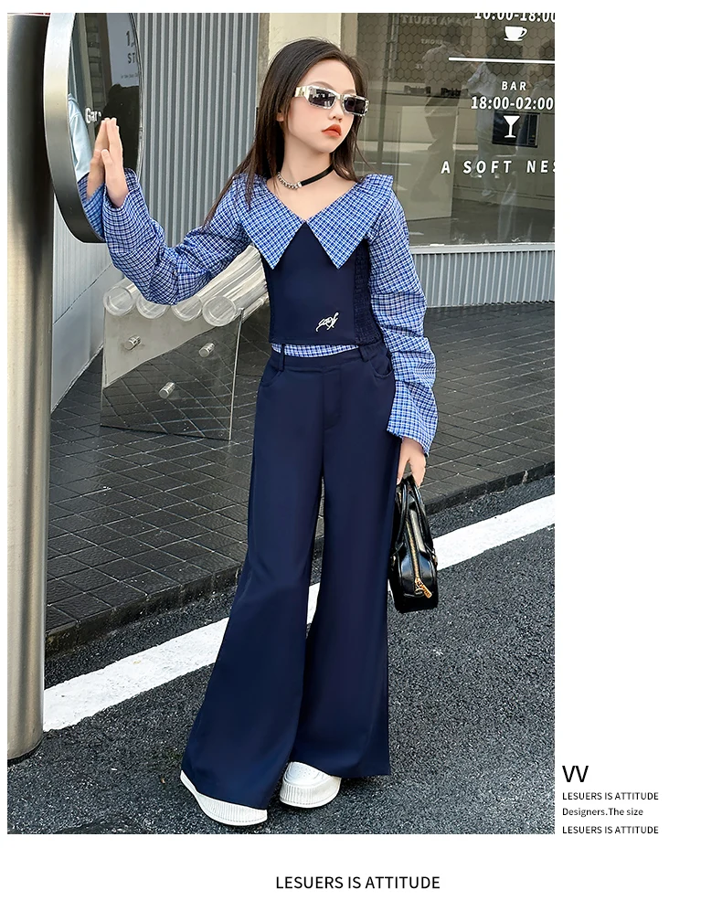 French design teen girls clothes set Off Shoulder splicing grid tops+wide leg pants 2pcs junior kids fashion suit child outfits