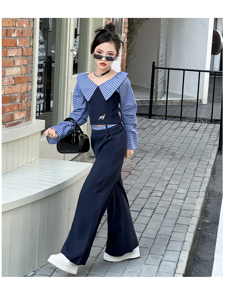 French design teen girls clothes set Off Shoulder splicing grid tops+wide leg pants 2pcs junior kids fashion suit child outfits