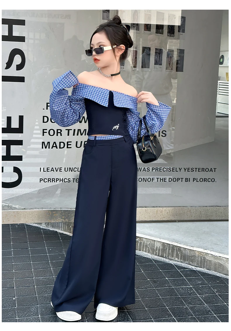 French design teen girls clothes set Off Shoulder splicing grid tops+wide leg pants 2pcs junior kids fashion suit child outfits