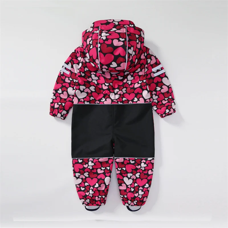 Children's soft shell waterproof jumpsuit for boys and girls one-piece romper to keep warm, waterproof, windproof and velvet