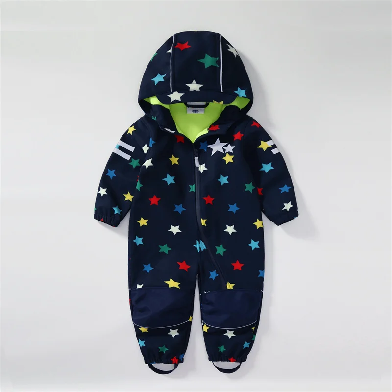 Children's soft shell waterproof jumpsuit for boys and girls one-piece romper to keep warm, waterproof, windproof and velvet
