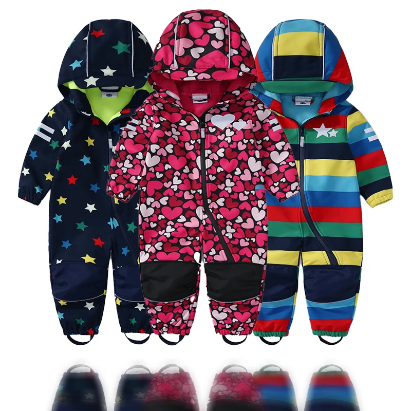 Children's soft shell waterproof jumpsuit for boys and girls one-piece romper to keep warm, waterproof, windproof and velvet
