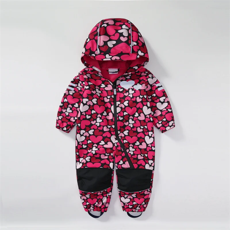 Children's soft shell waterproof jumpsuit for boys and girls one-piece romper to keep warm, waterproof, windproof and velvet