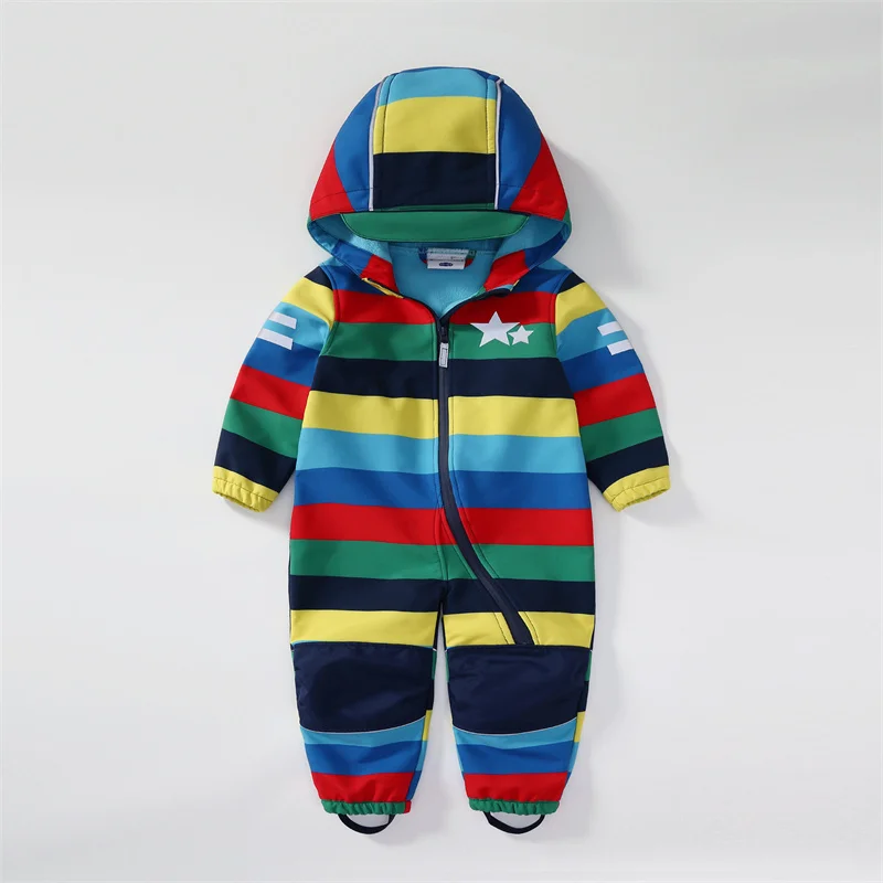 Children's soft shell waterproof jumpsuit for boys and girls one-piece romper to keep warm, waterproof, windproof and velvet