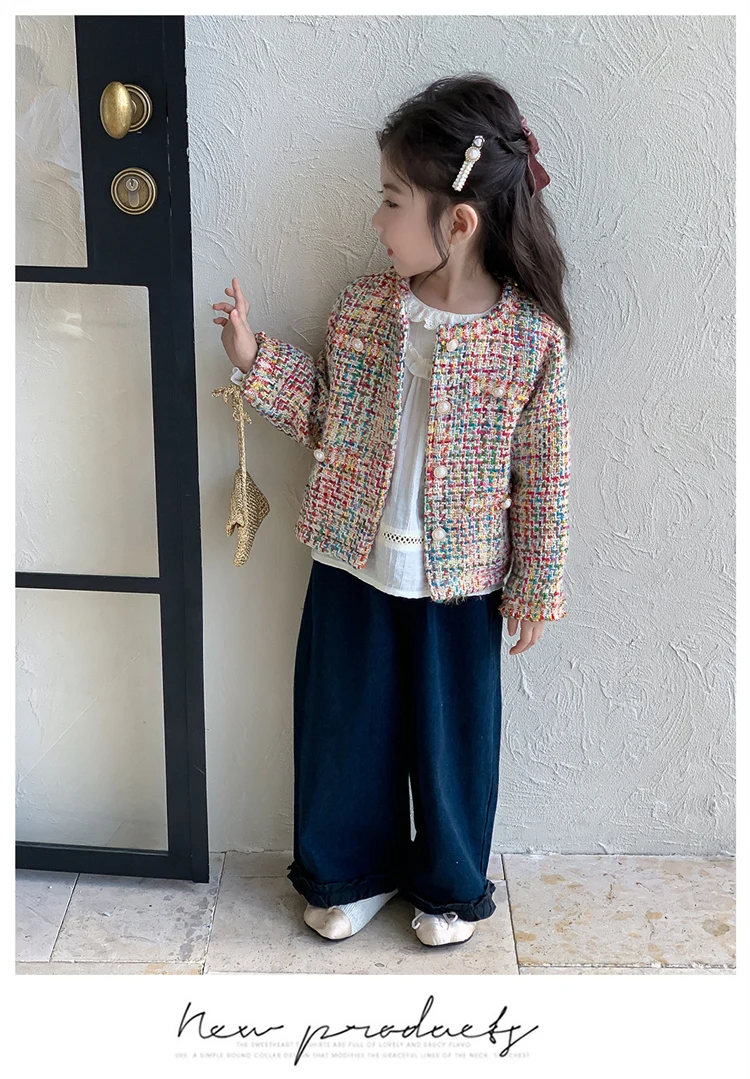 Luxury Designers Baby Kids Cropped Tweed Jacket with Button for Girls High Fashion Streetwear Korean Child Spring Autumn Coat