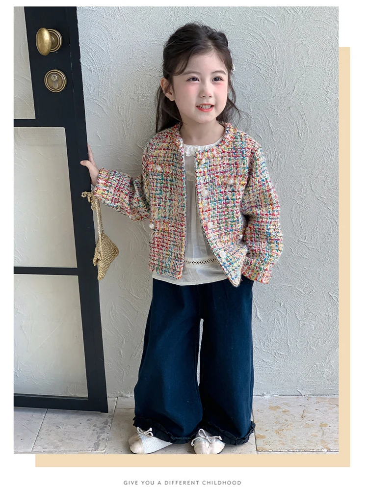 Luxury Designers Baby Kids Cropped Tweed Jacket with Button for Girls High Fashion Streetwear Korean Child Spring Autumn Coat