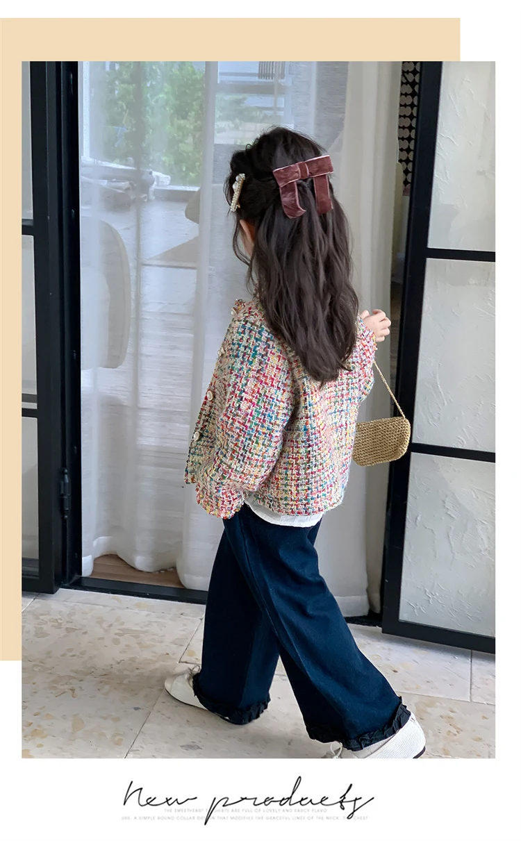 Luxury Designers Baby Kids Cropped Tweed Jacket with Button for Girls High Fashion Streetwear Korean Child Spring Autumn Coat