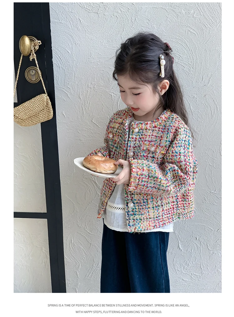 Luxury Designers Baby Kids Cropped Tweed Jacket with Button for Girls High Fashion Streetwear Korean Child Spring Autumn Coat