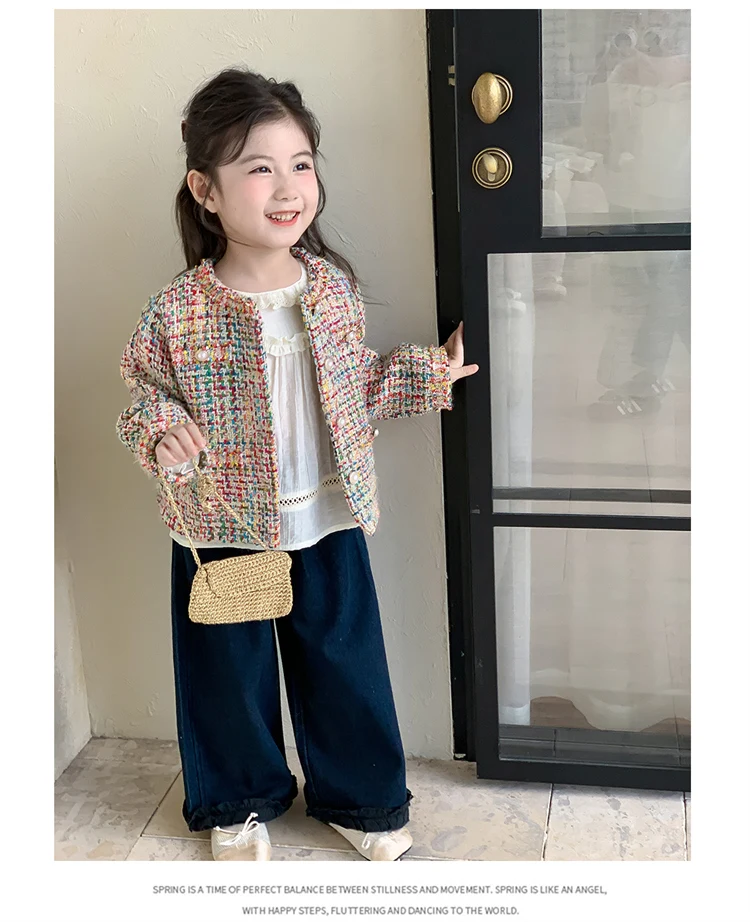 Luxury Designers Baby Kids Cropped Tweed Jacket with Button for Girls High Fashion Streetwear Korean Child Spring Autumn Coat