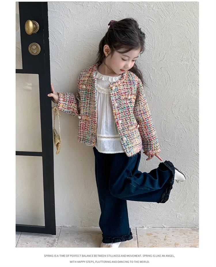 Luxury Designers Baby Kids Cropped Tweed Jacket with Button for Girls High Fashion Streetwear Korean Child Spring Autumn Coat