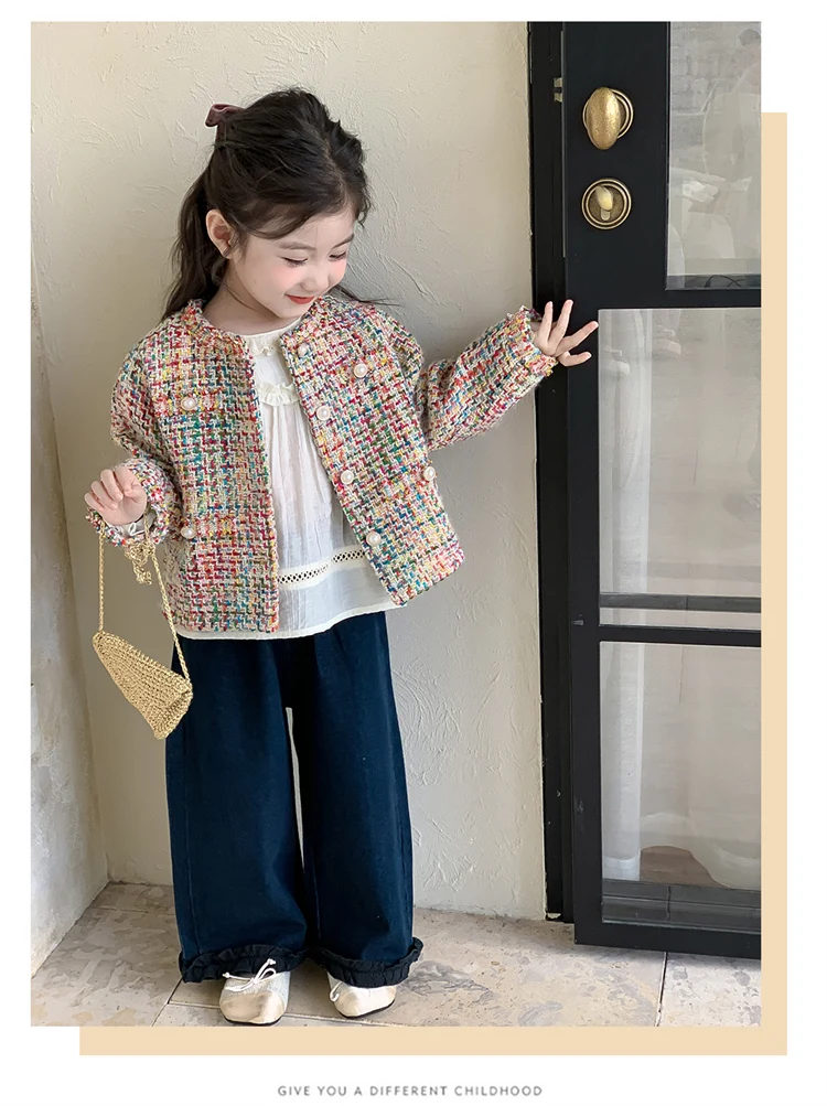Luxury Designers Baby Kids Cropped Tweed Jacket with Button for Girls High Fashion Streetwear Korean Child Spring Autumn Coat