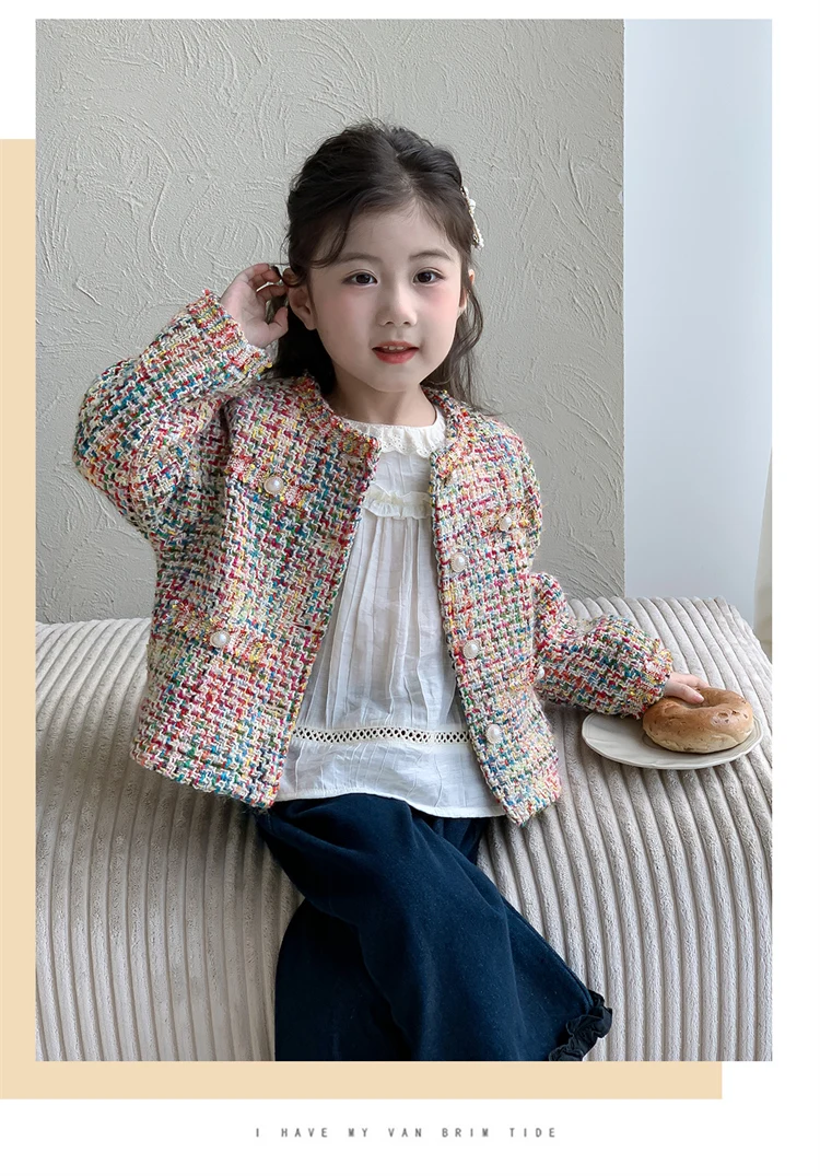 Luxury Designers Baby Kids Cropped Tweed Jacket with Button for Girls High Fashion Streetwear Korean Child Spring Autumn Coat