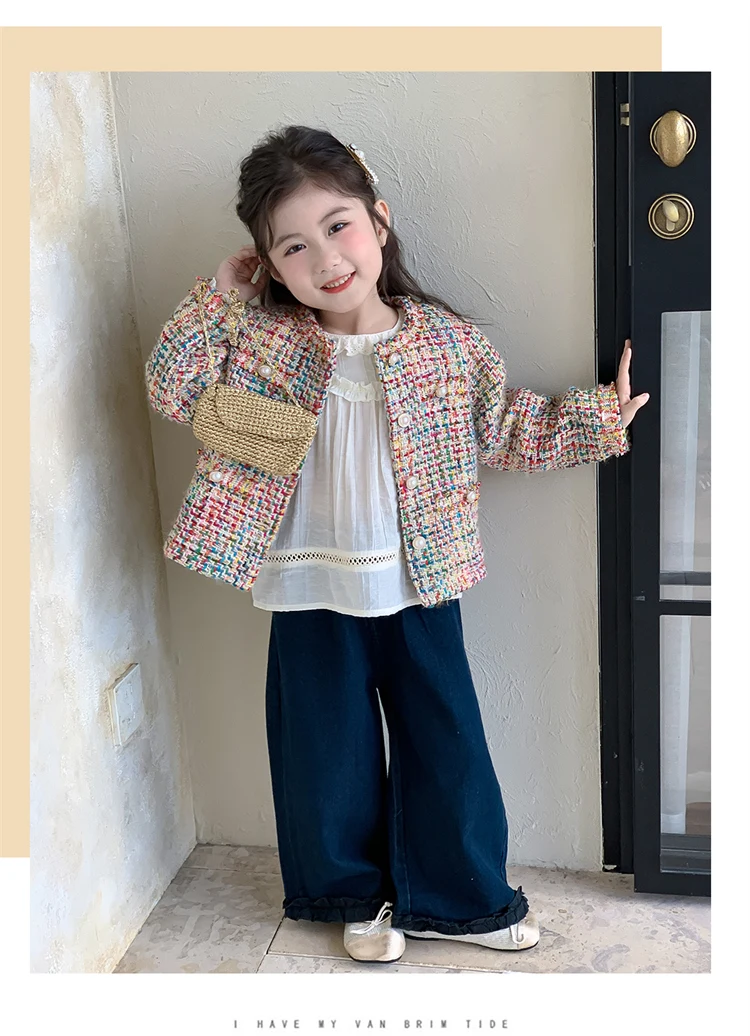 Luxury Designers Baby Kids Cropped Tweed Jacket with Button for Girls High Fashion Streetwear Korean Child Spring Autumn Coat