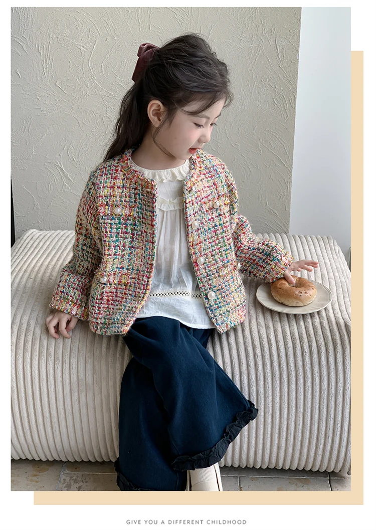 Luxury Designers Baby Kids Cropped Tweed Jacket with Button for Girls High Fashion Streetwear Korean Child Spring Autumn Coat