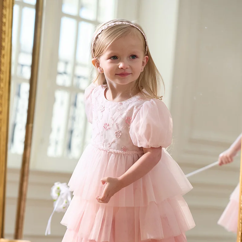 Dave Bella Girls Baby Princess Dress Summer Sweet Cute Bubble Sleeves Elegant Pink Mesh Layered Dress Party Outdoor DB2251649