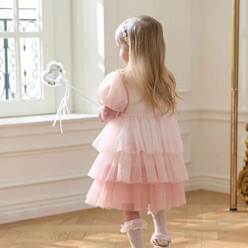 Dave Bella Girls Baby Princess Dress Summer Sweet Cute Bubble Sleeves Elegant Pink Mesh Layered Dress Party Outdoor DB2251649