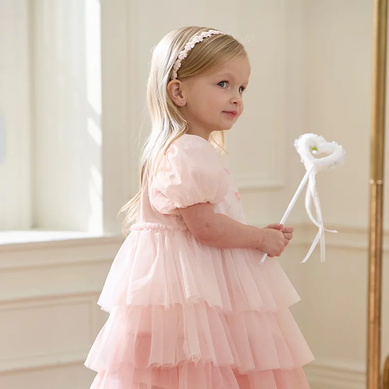 Dave Bella Girls Baby Princess Dress Summer Sweet Cute Bubble Sleeves Elegant Pink Mesh Layered Dress Party Outdoor DB2251649