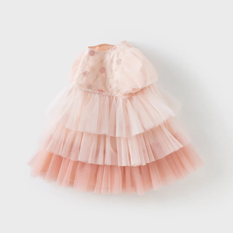 Dave Bella Girls Baby Princess Dress Summer Sweet Cute Bubble Sleeves Elegant Pink Mesh Layered Dress Party Outdoor DB2251649