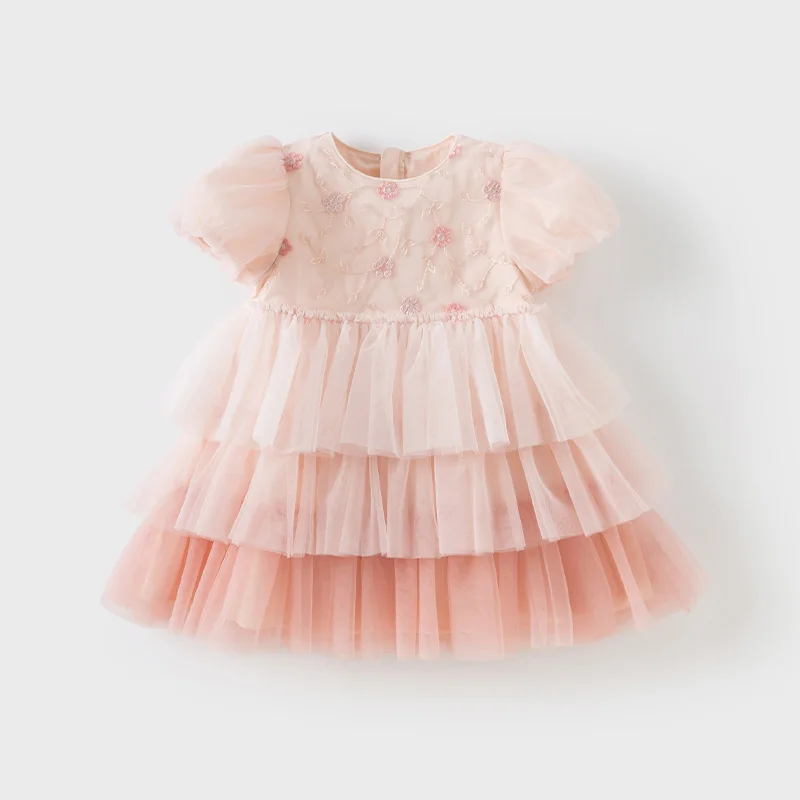 Dave Bella Girls Baby Princess Dress Summer Sweet Cute Bubble Sleeves Elegant Pink Mesh Layered Dress Party Outdoor DB2251649