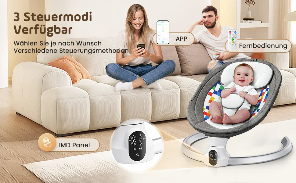 Electric Baby Swing Gray, Baby Lounge Chair with Remote Control and Wireless Control Style Application, Up to 9kg