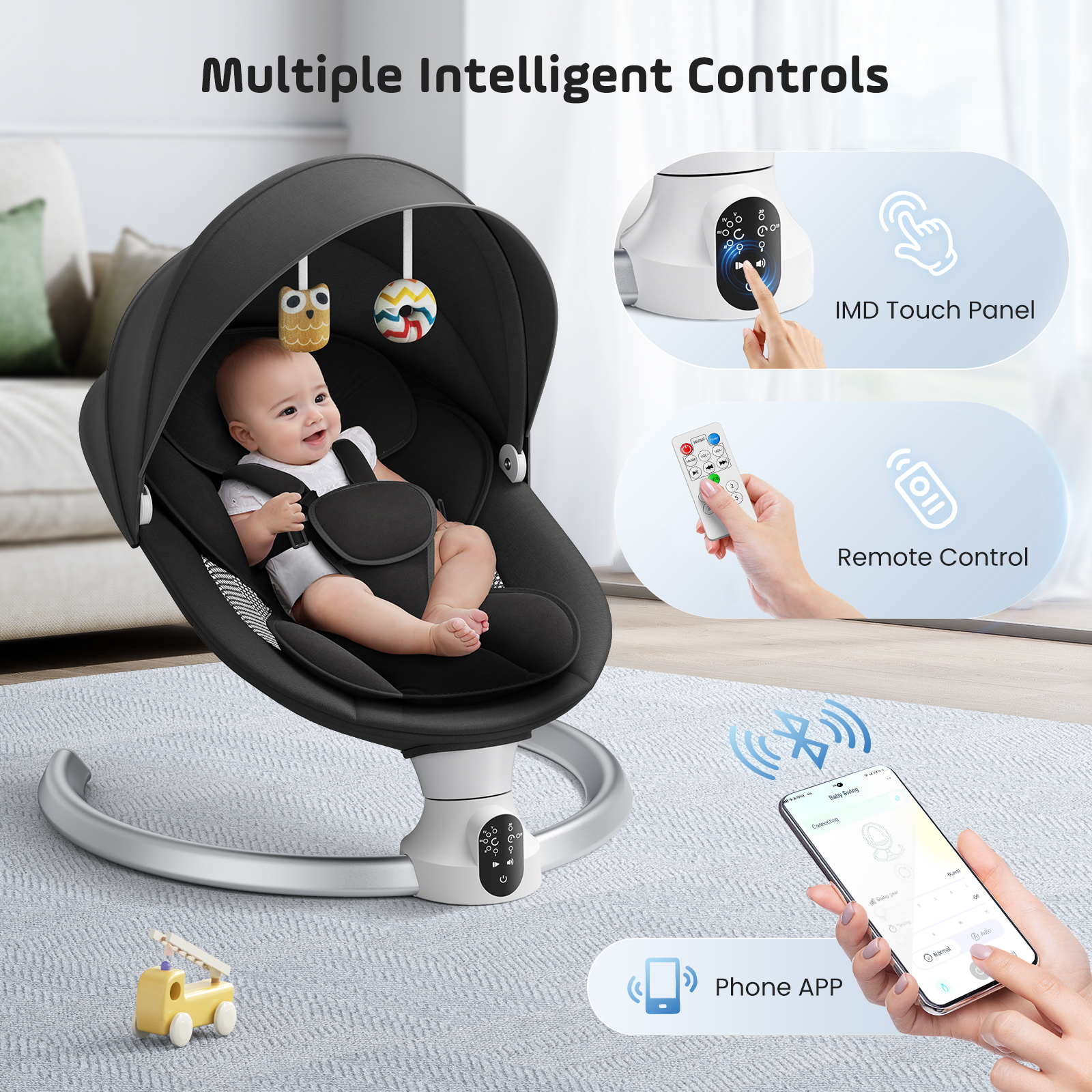 Electric Baby Swing Gray, Baby Lounge Chair with Remote Control and Wireless Control Style Application, Up to 9kg