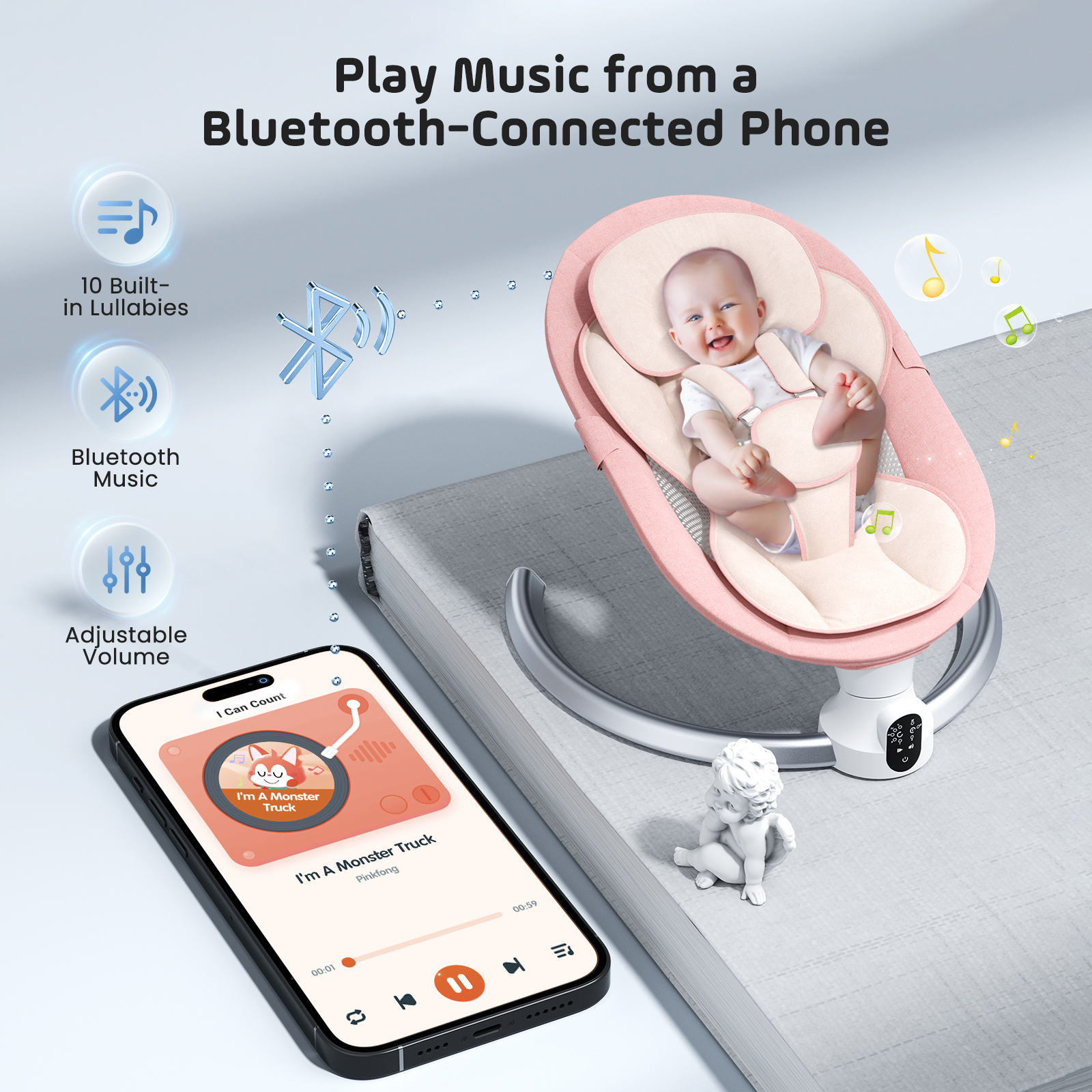 Electric Baby Swing Gray, Baby Lounge Chair with Remote Control and Wireless Control Style Application, Up to 9kg