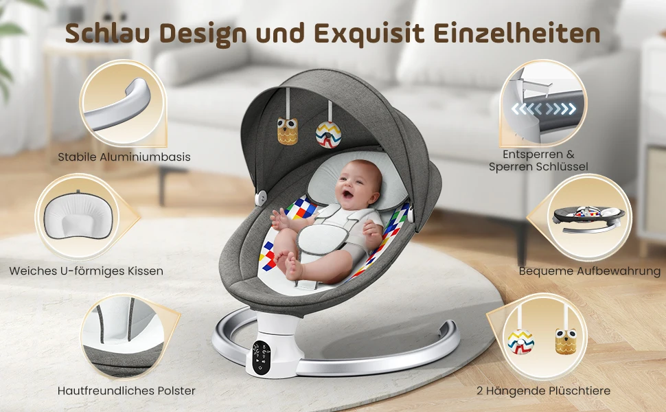 Electric Baby Swing Gray, Baby Lounge Chair with Remote Control and Wireless Control Style Application, Up to 9kg
