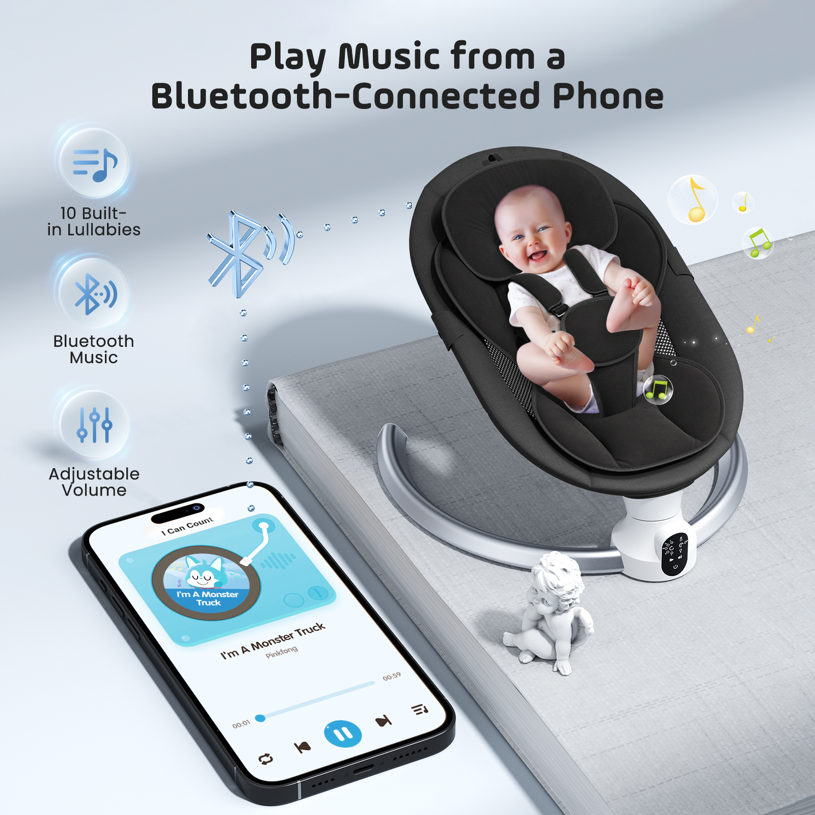 Electric Baby Swing Gray, Baby Lounge Chair with Remote Control and Wireless Control Style Application, Up to 9kg