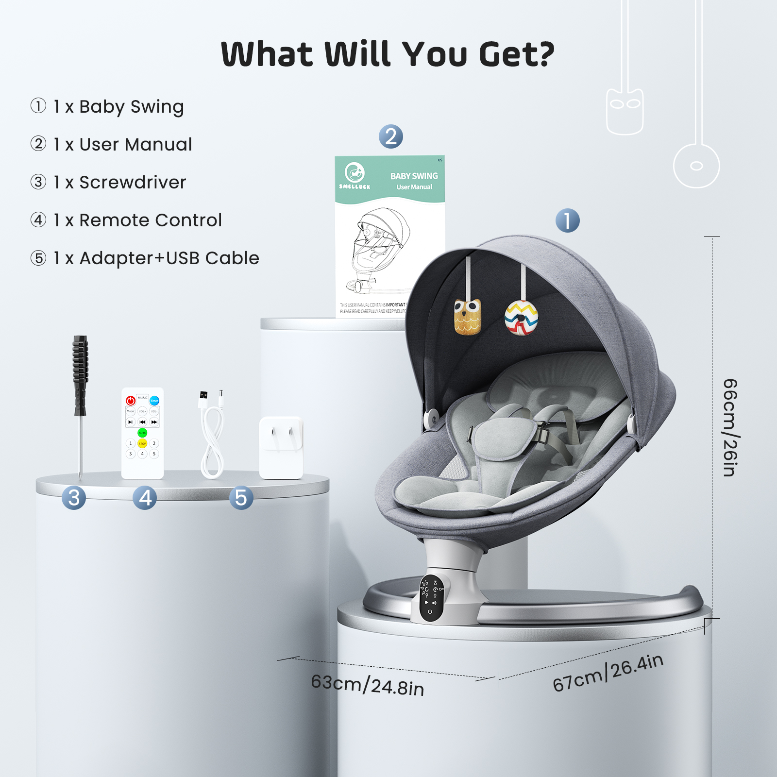 Electric Baby Swing Gray, Baby Lounge Chair with Remote Control and Wireless Control Style Application, Up to 9kg