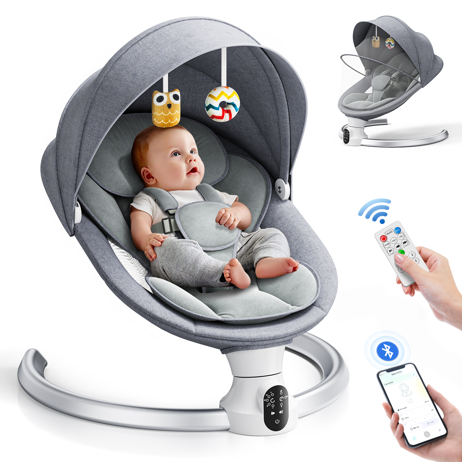 Electric Baby Swing Gray, Baby Lounge Chair with Remote Control and Wireless Control Style Application, Up to 9kg