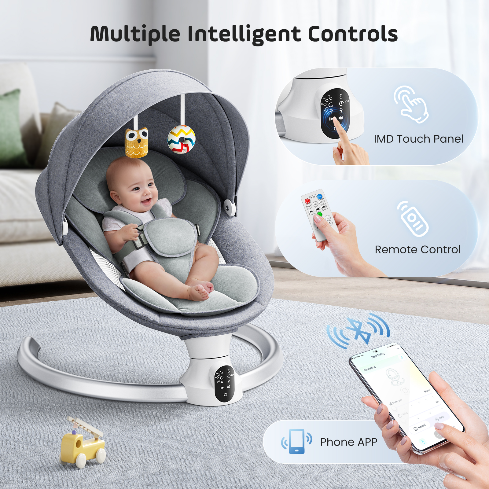 Electric Baby Swing Gray, Baby Lounge Chair with Remote Control and Wireless Control Style Application, Up to 9kg