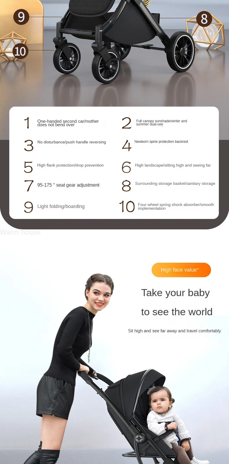 High Landscape Shock absorption Baby Stroller Portable Travel Folding Prams Sit and lie down in both directions Baby carriage