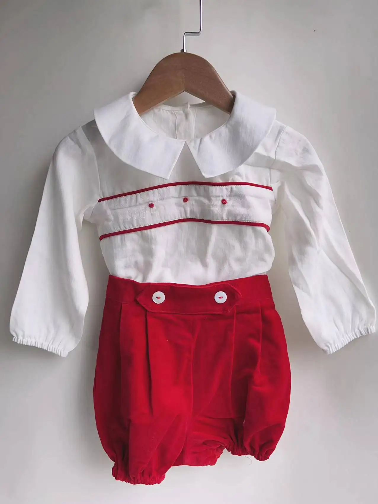 Baby Boys Ivory & Blue Velvet Shorts Set Infant Birthday Suit Kids Spanish Cotton Outfits Toddler Wedding Party Wear