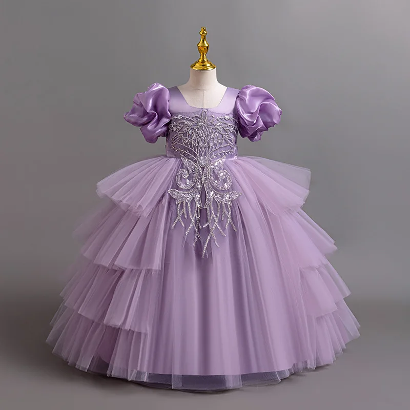 New Girls' Clothing Long Wedding Bridesmaid Dress Suitable for Children Elegant Girls Bubble Sleeves Christmas Performance Dress