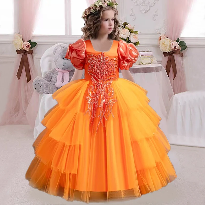 New Girls' Clothing Long Wedding Bridesmaid Dress Suitable for Children Elegant Girls Bubble Sleeves Christmas Performance Dress