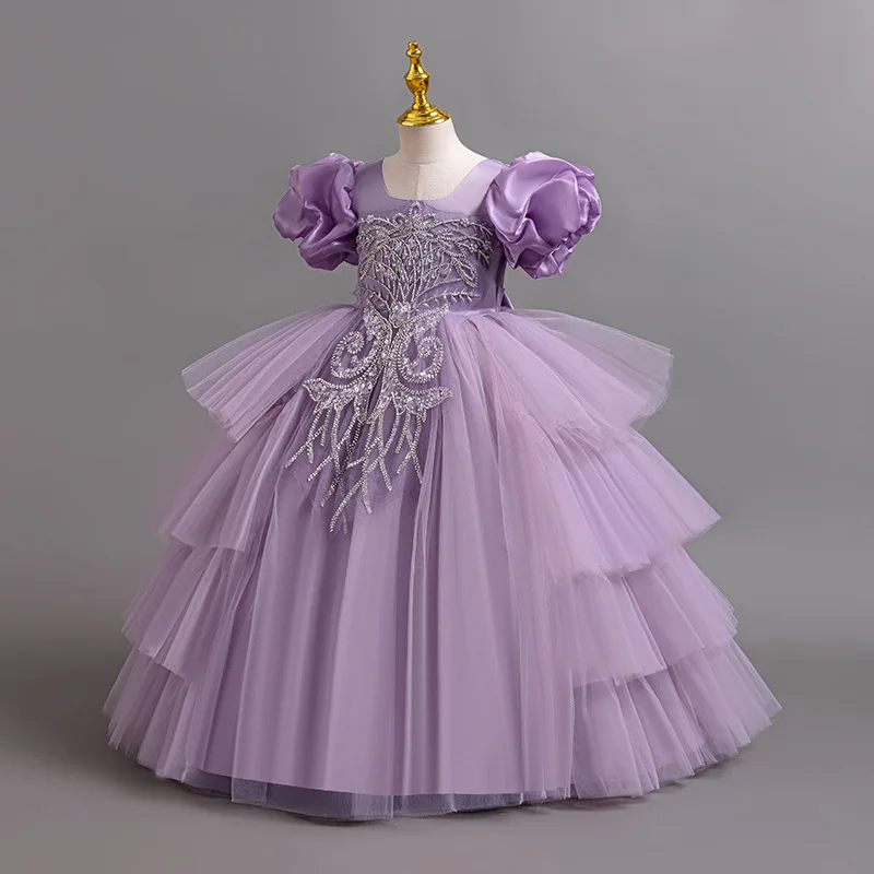 New Girls' Clothing Long Wedding Bridesmaid Dress Suitable for Children Elegant Girls Bubble Sleeves Christmas Performance Dress