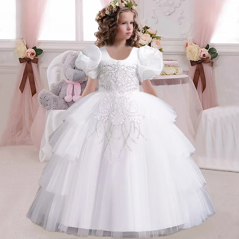 New Girls' Clothing Long Wedding Bridesmaid Dress Suitable for Children Elegant Girls Bubble Sleeves Christmas Performance Dress