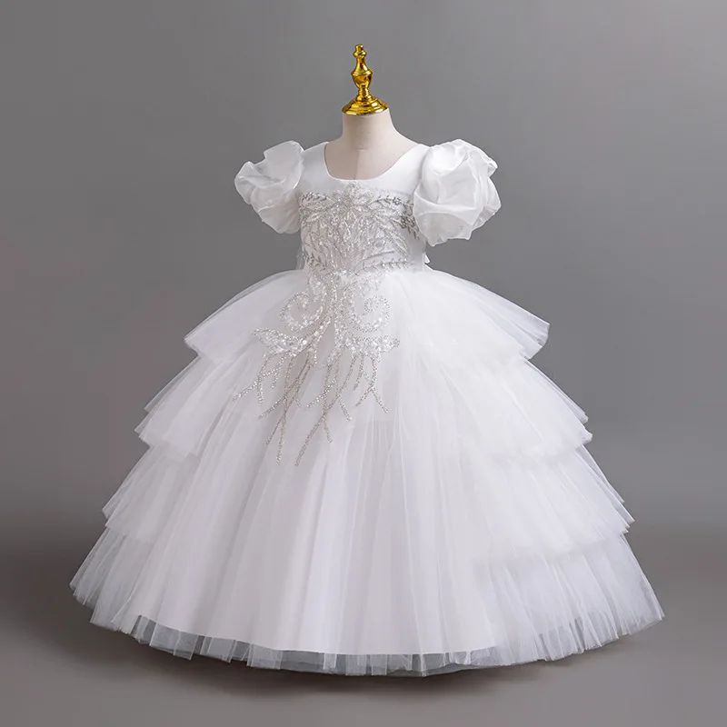 New Girls' Clothing Long Wedding Bridesmaid Dress Suitable for Children Elegant Girls Bubble Sleeves Christmas Performance Dress