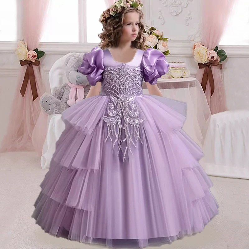 New Girls' Clothing Long Wedding Bridesmaid Dress Suitable for Children Elegant Girls Bubble Sleeves Christmas Performance Dress