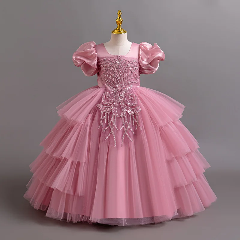 New Girls' Clothing Long Wedding Bridesmaid Dress Suitable for Children Elegant Girls Bubble Sleeves Christmas Performance Dress