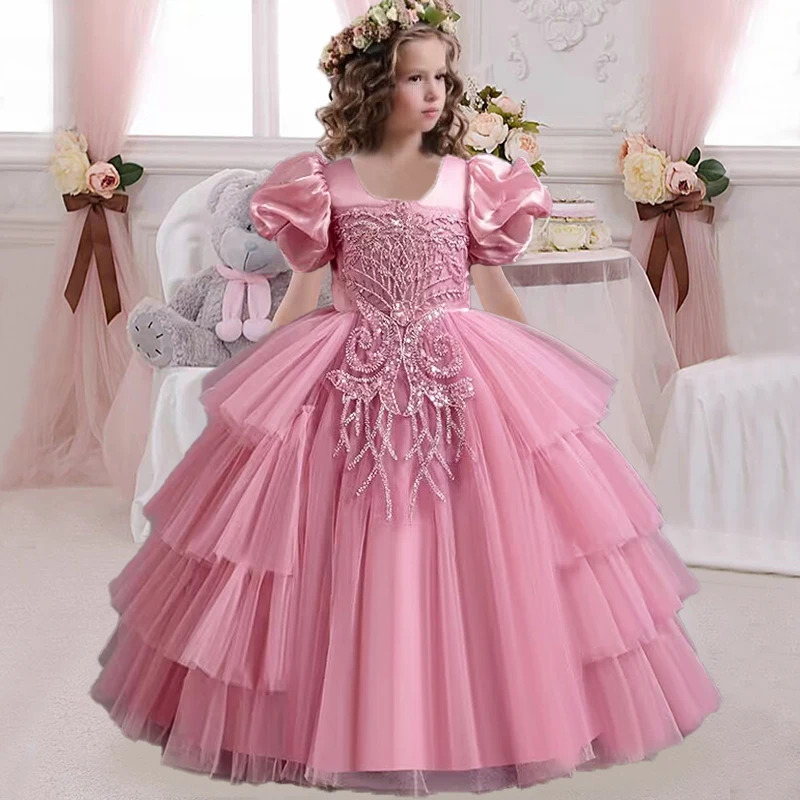 New Girls' Clothing Long Wedding Bridesmaid Dress Suitable for Children Elegant Girls Bubble Sleeves Christmas Performance Dress